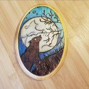 Howling Wolf Wood Burned & Colored Wall Plaque